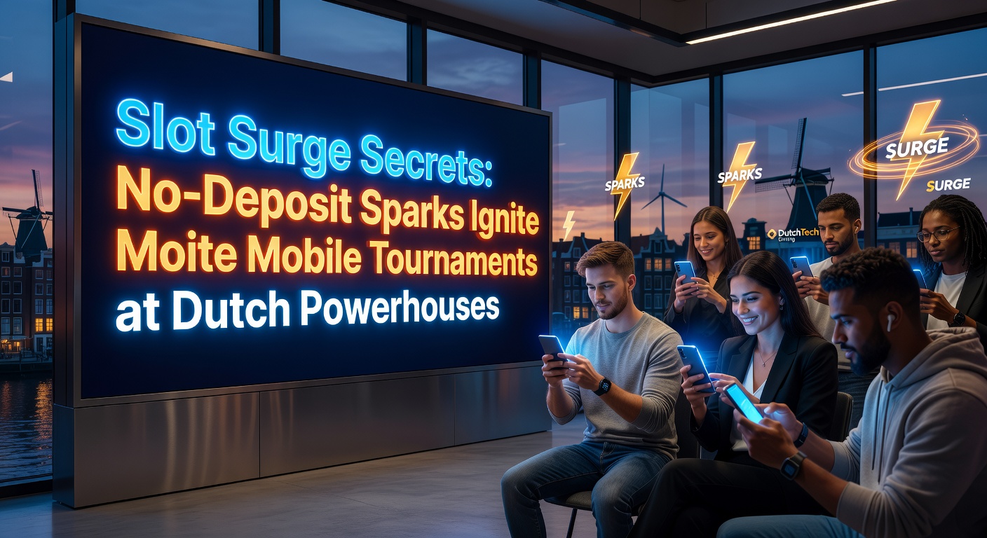 Schermafbeelding van een bruisend mobiel slottoernooi met no-deposit bonus iconen en Nederlandse casino logo's in een dynamische, vurige grafiek