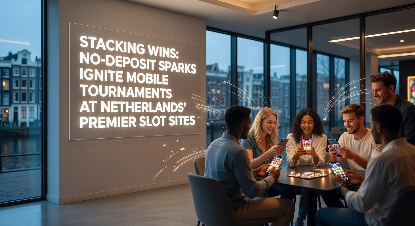 Spannende mobiele slot-toernooi actie op een smartphone-scherm met no-deposit bonus iconen en stapelende winsten