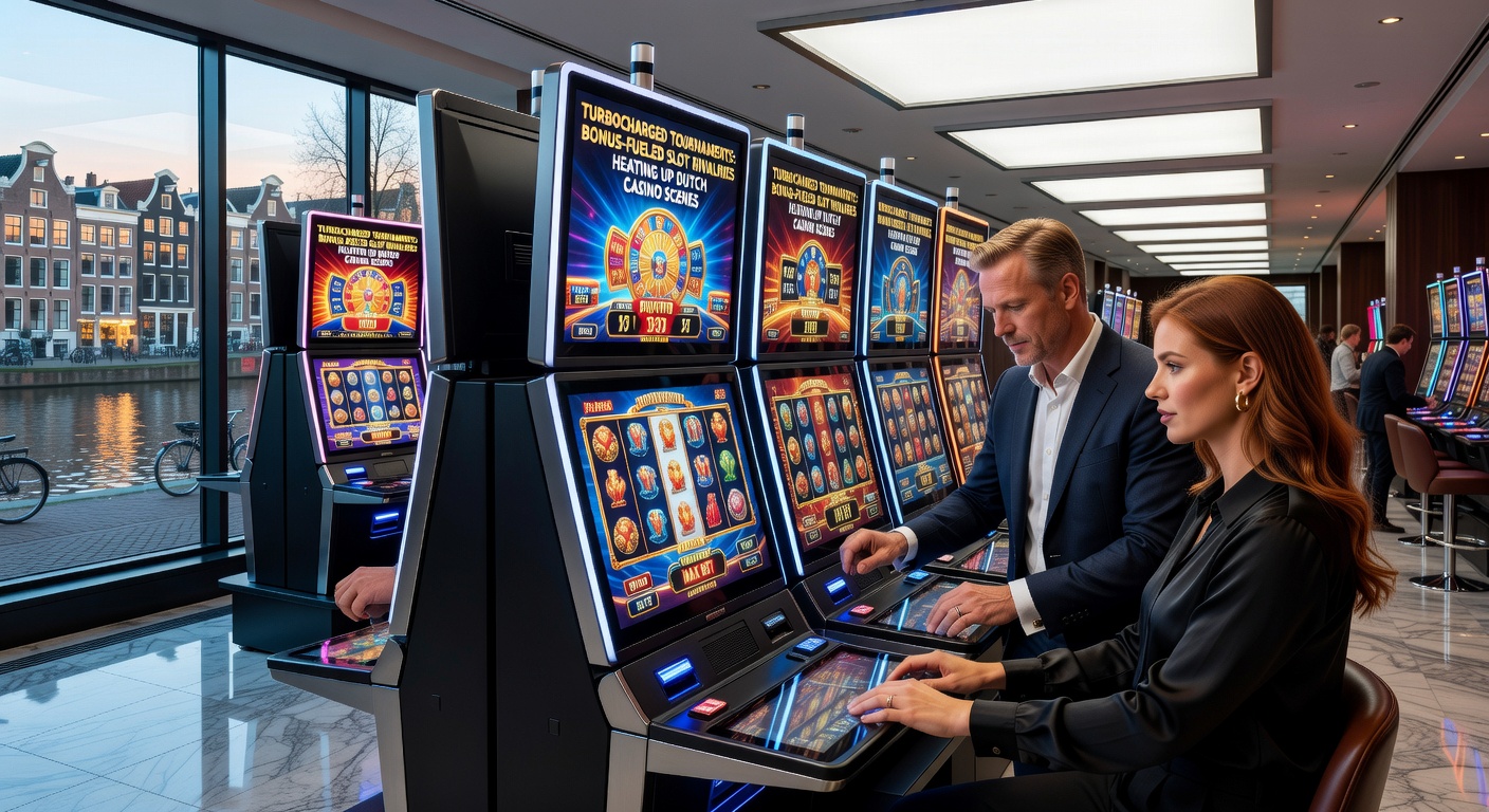 Spelers intens gefocust aan slots tijdens een turbo-toernooi in een Nederlands online casino, met bonus-iconen en leaderboards op het scherm